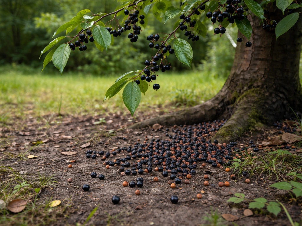 Bird cherry tree branch with dark berries and scattered fallen fruit/pits on the ground beneath.