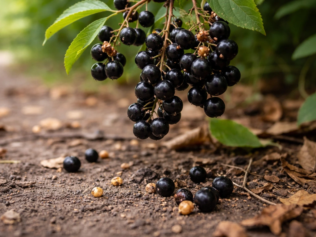 Close-up of bird cherry tree berries on a branch with fallen pits on soil and dry leaves.