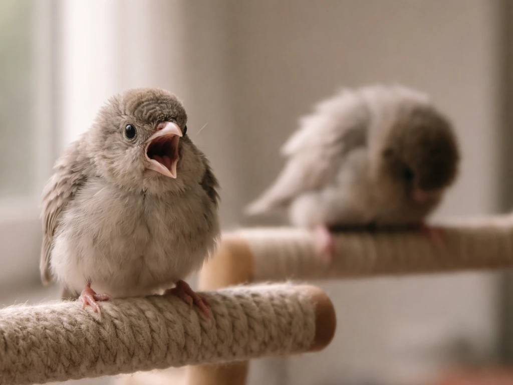 Two birds in a minimal setting, one gasping with open mouth and the other suddenly weak and off-balance.