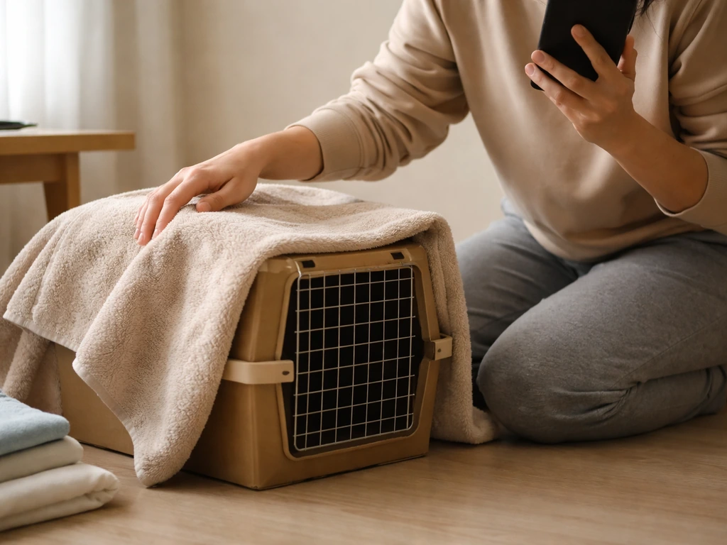 Person in a quiet room covering a pet carrier with a towel while preparing to call an avian vet.