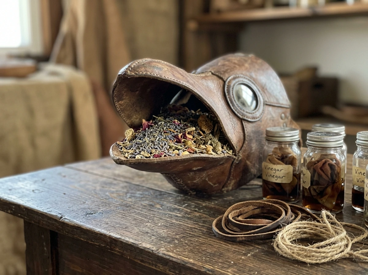 Close-up of a beaked plague doctor mask with dried herbs packed inside