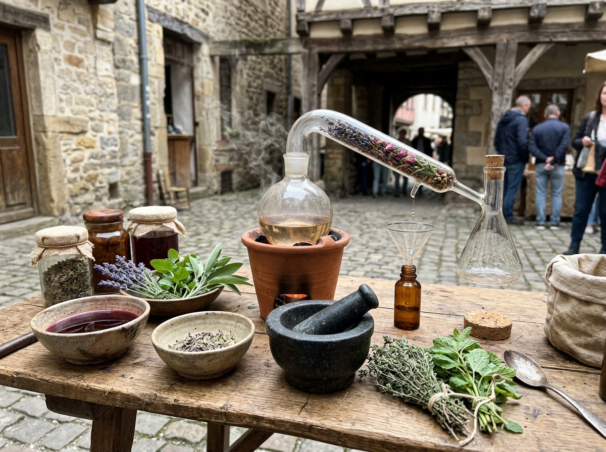 Herbs and vinegar used in a simple setup to show how the beak was meant to filter air