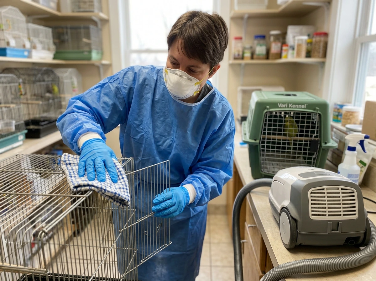 Caretaker cleaning a bird cage while wearing N95 respirator and gloves