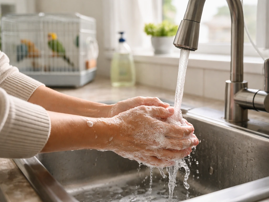 Adult washes hands at a kitchen sink while a pet bird sits in a separate cage in the background.