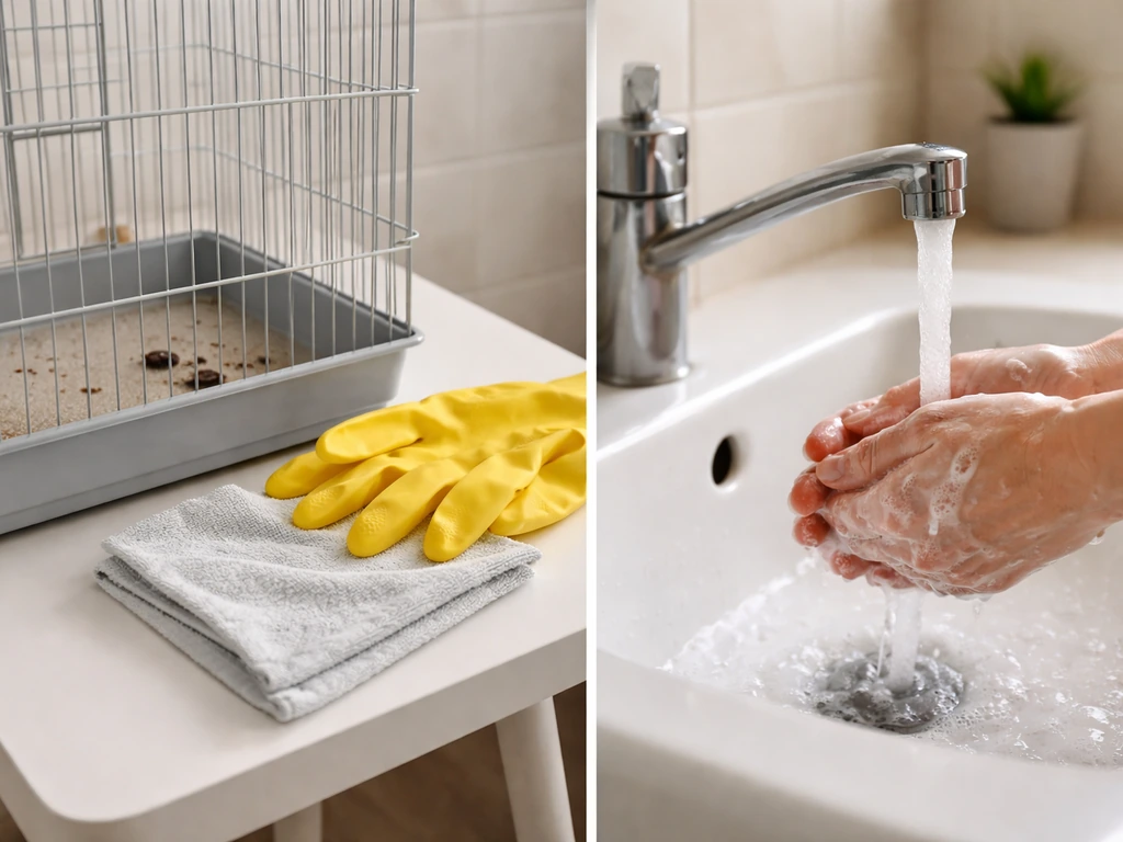 Hands washing near an empty bird cage with droppings and disposable gloves.