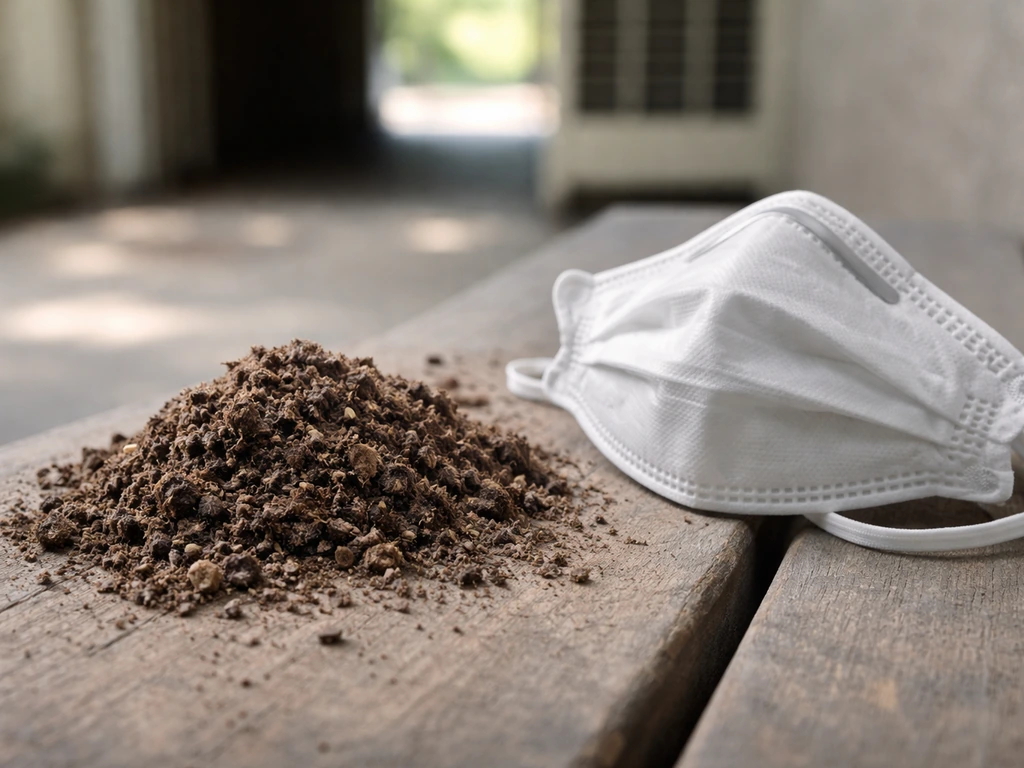 Close-up dusty compost-like soil and a paper respirator mask on a bench, implying fungal exposure risk.