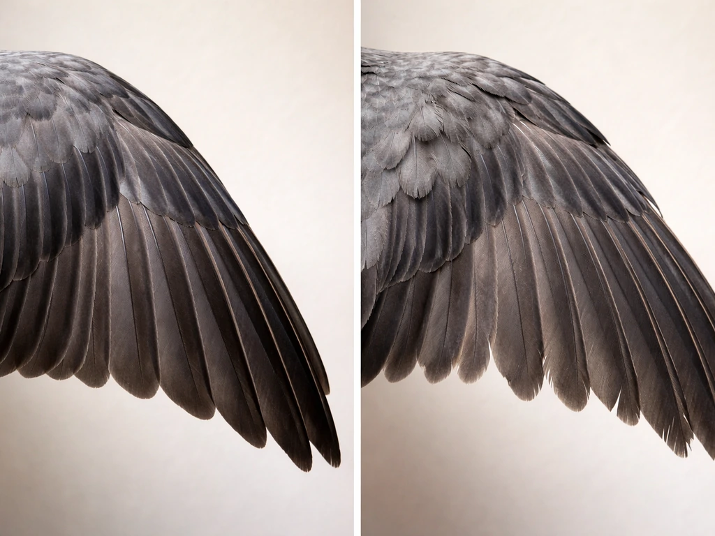 Minimal split view of a bird wing with healthy feathers versus visibly fluffed, unkempt feathers.