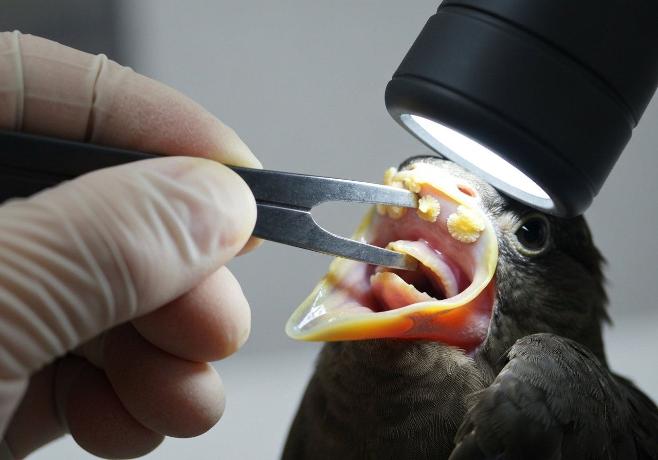 Close-up of a bird’s mouth/throat illuminated, showing pale cheesy plaques consistent with candidiasis.