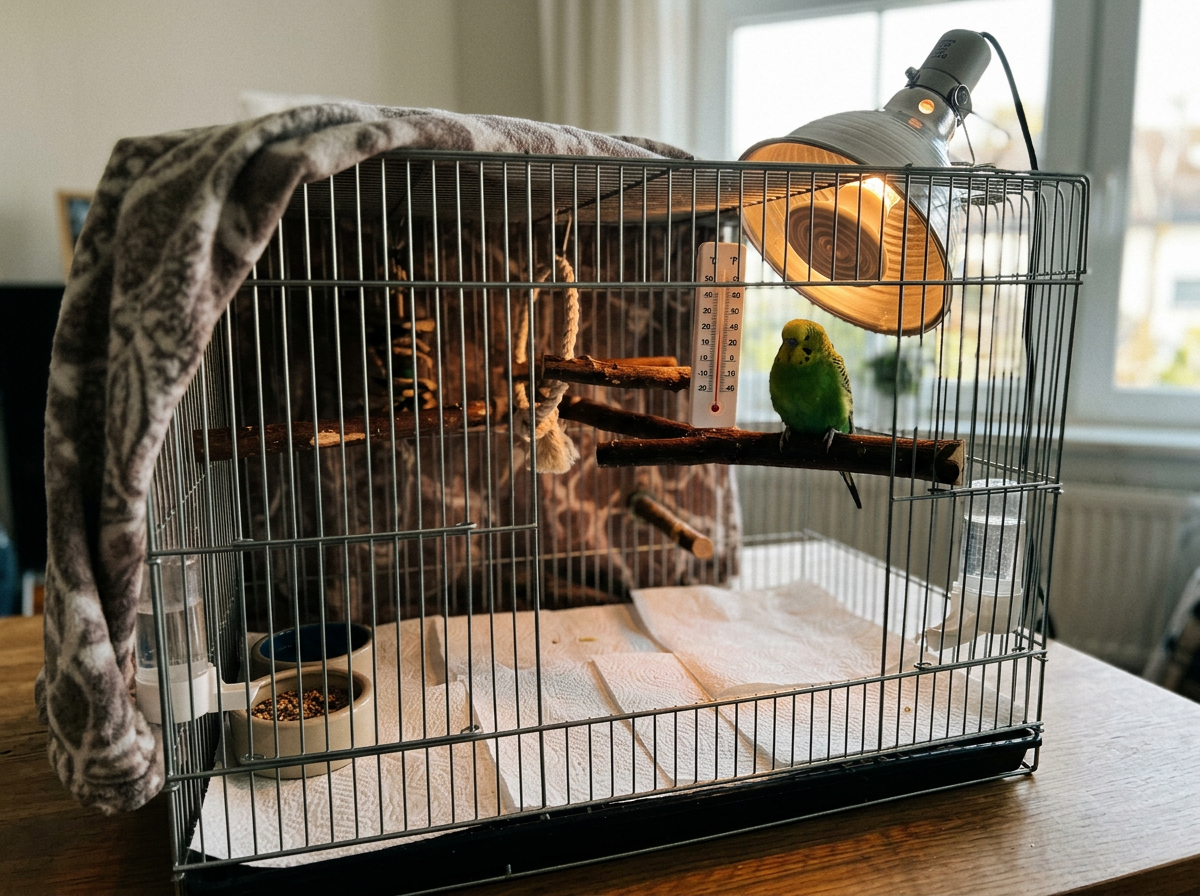 Bird enclosure with a warm side and thermometer for supportive care.