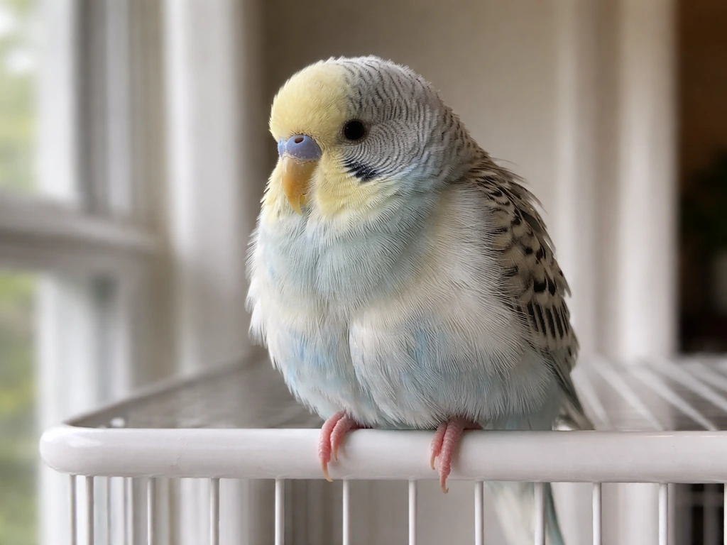 Close-up of a pet bird fluffed up in a home setting, showing subtle breathing effort