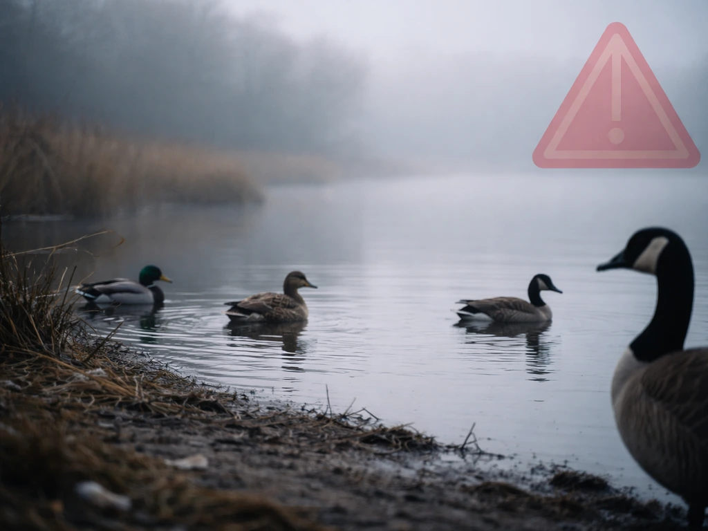 Wild waterfowl by a misty lake with a faint red warning-style visual cue, no text.