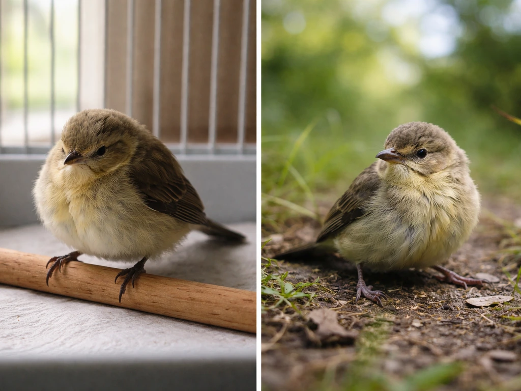 Split image: fluffed pet bird signs in cage vs a wild bird struggling to move outdoors.