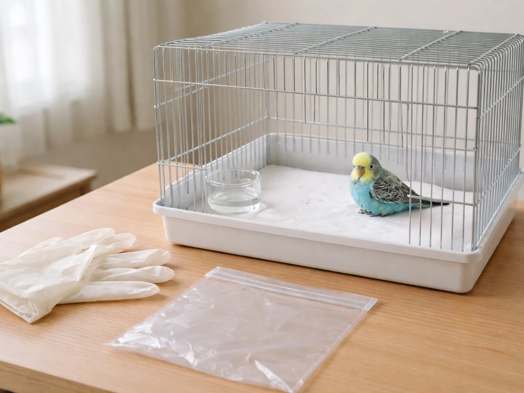 Sick bird in a separate clean cage with fresh paper liner and gloves staged nearby