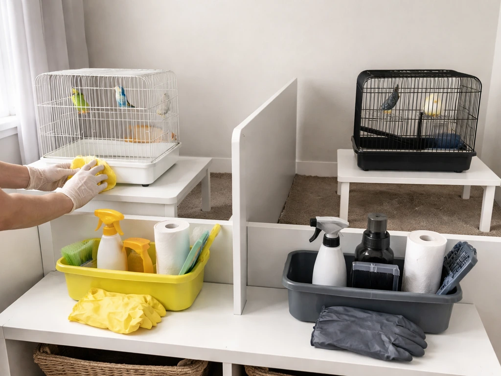 Two separated bird cages with distinct color-coded cleaning tools and gloved hands cleaning the healthy side.