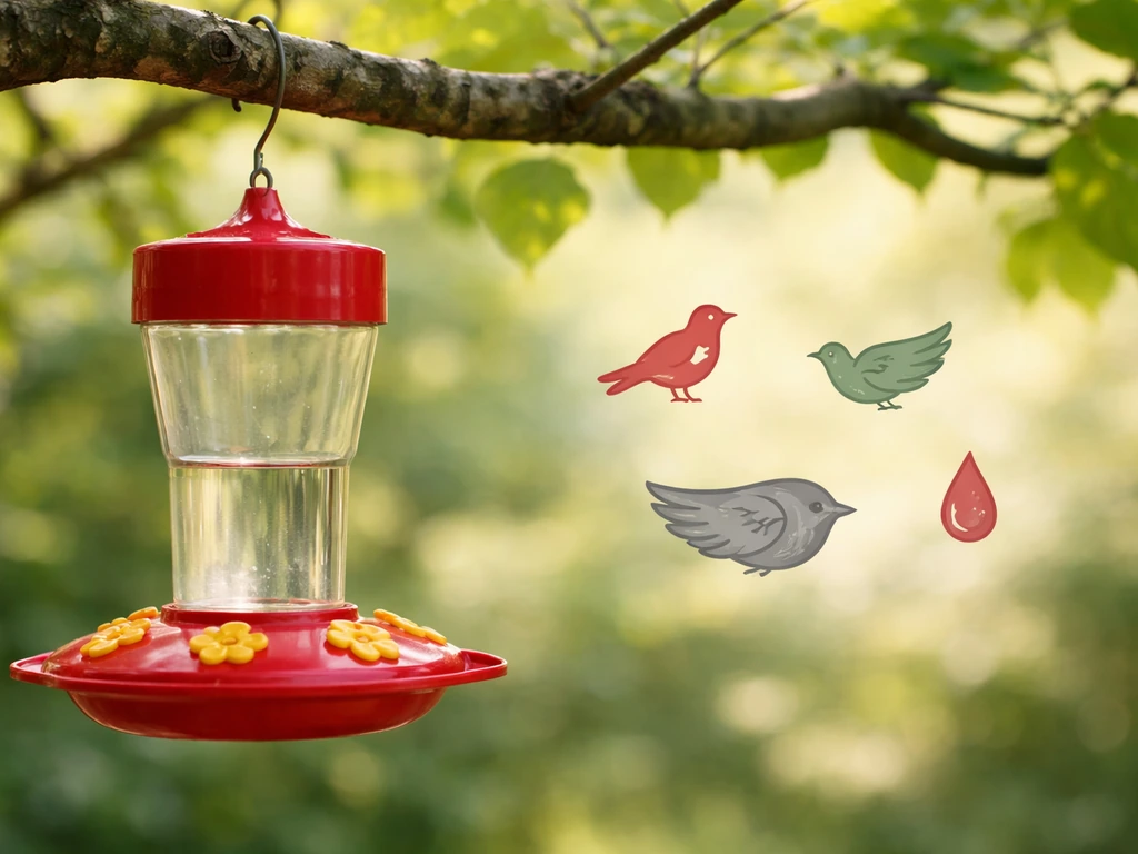 Nectar feeder with a few simple, non-specific bird-health symbols to show “bird disease” can mean different things.