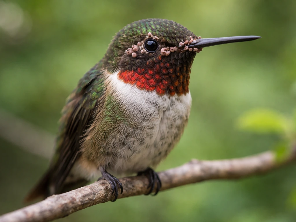 Close-up of a hummingbird with non-graphic, wart-like lesions near the beak and eyes in natural light.
