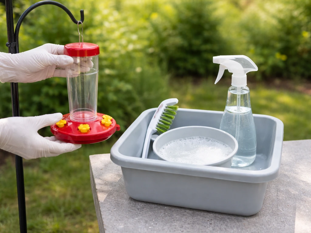 Gloved hands removing a hummingbird feeder and placing it by cleaning supplies for safe sanitizing.