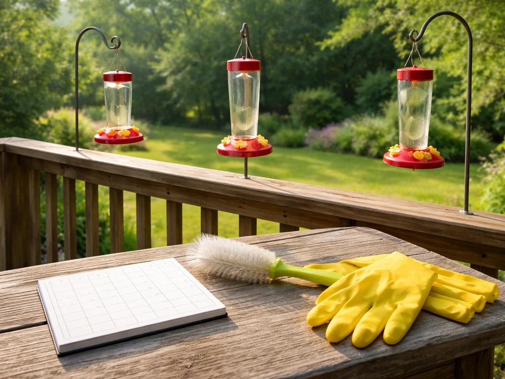 Three hummingbird feeders spaced apart on a porch with cleaning tools and a blank calendar cue.