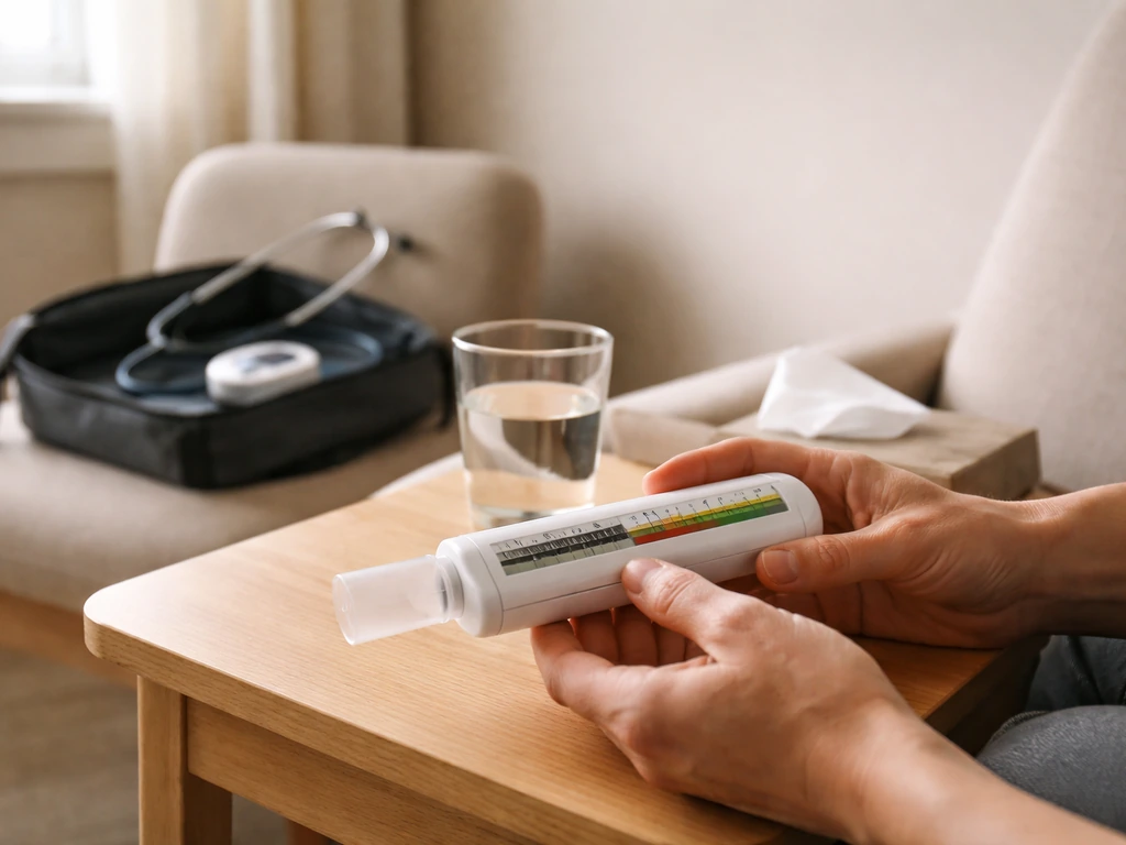 Home breathing assessment setup with a peak flow meter and nearby clinician-style monitoring tools.