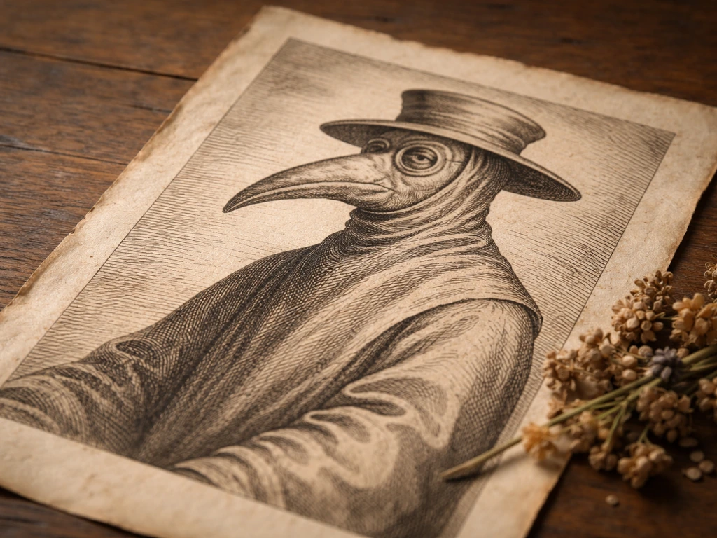 A weathered engraved print of a plague doctor with a beaked mask, with dried herbs nearby.