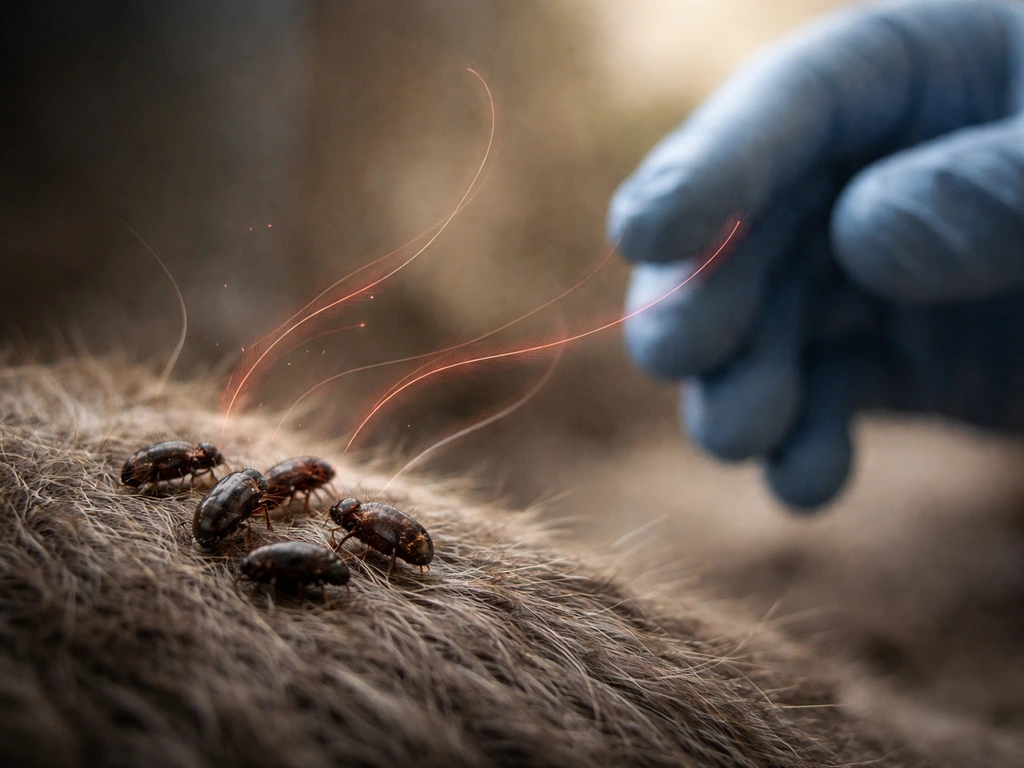 Close photo of dark fleas on fur with a faint red thread-like path to a gloved hand, suggesting plague spread.