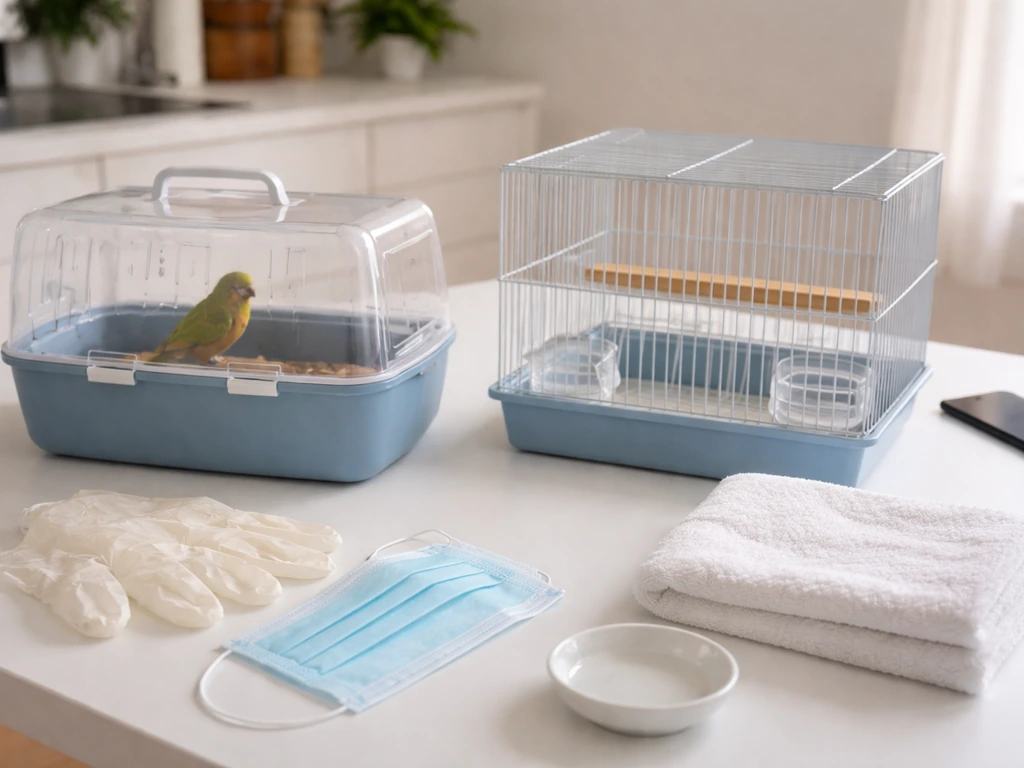 Small pet bird in an isolation carrier with gloves and mask laid out for contacting an avian vet.