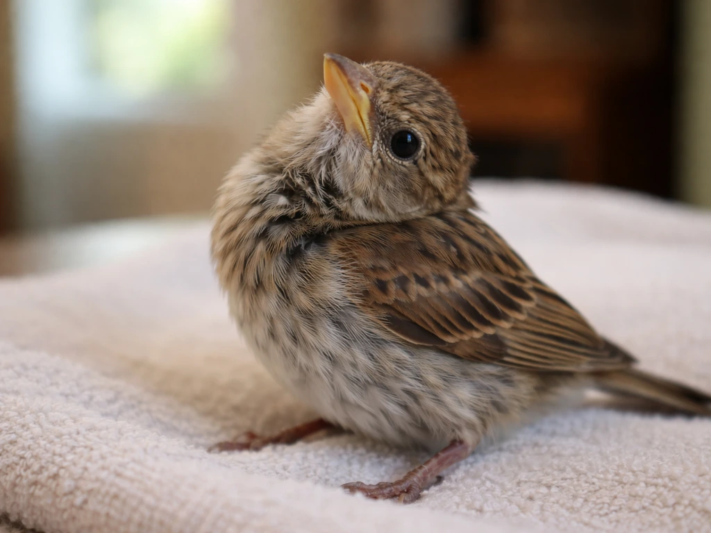 Small bird on a towel with an abnormal head/neck posture suggesting possible cervical injury.
