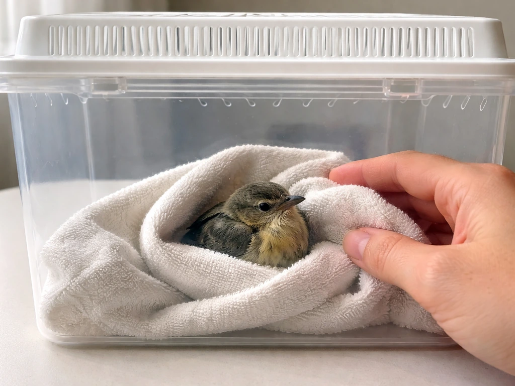 Bird immobilized gently in a towel and placed in a ventilated carrier for emergency first aid.