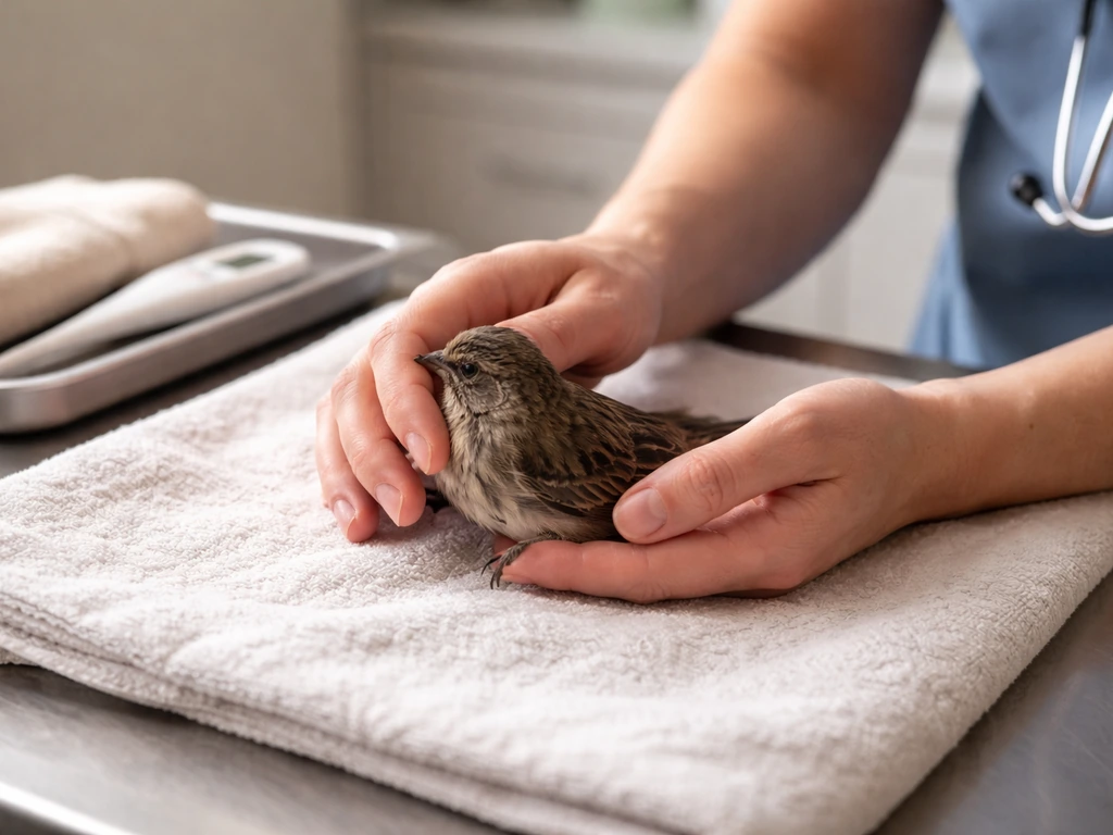 Veterinarian gently stabilizing an injured bird while monitoring breathing in a quiet clinic exam room.
