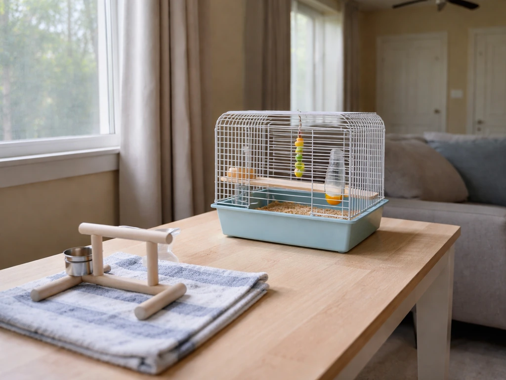 Pet bird cage placed away from a protected window, with a supervised, secured play area in view.