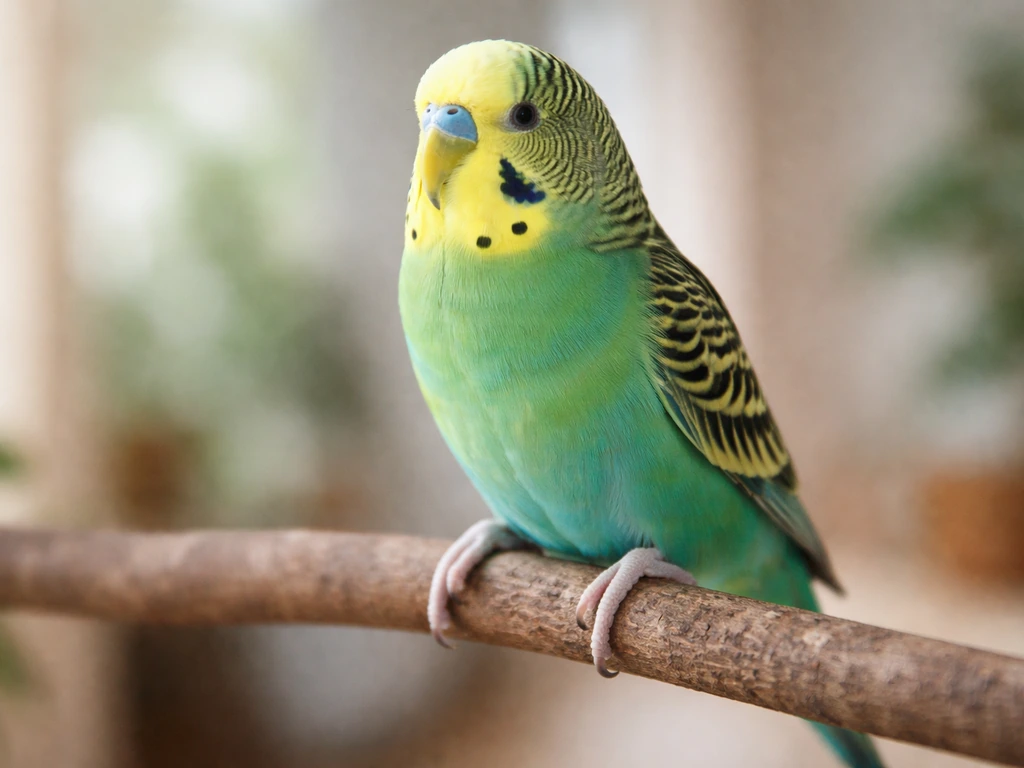 Healthy budgie perched calmly, alert posture in bright natural light for a symptom baseline.