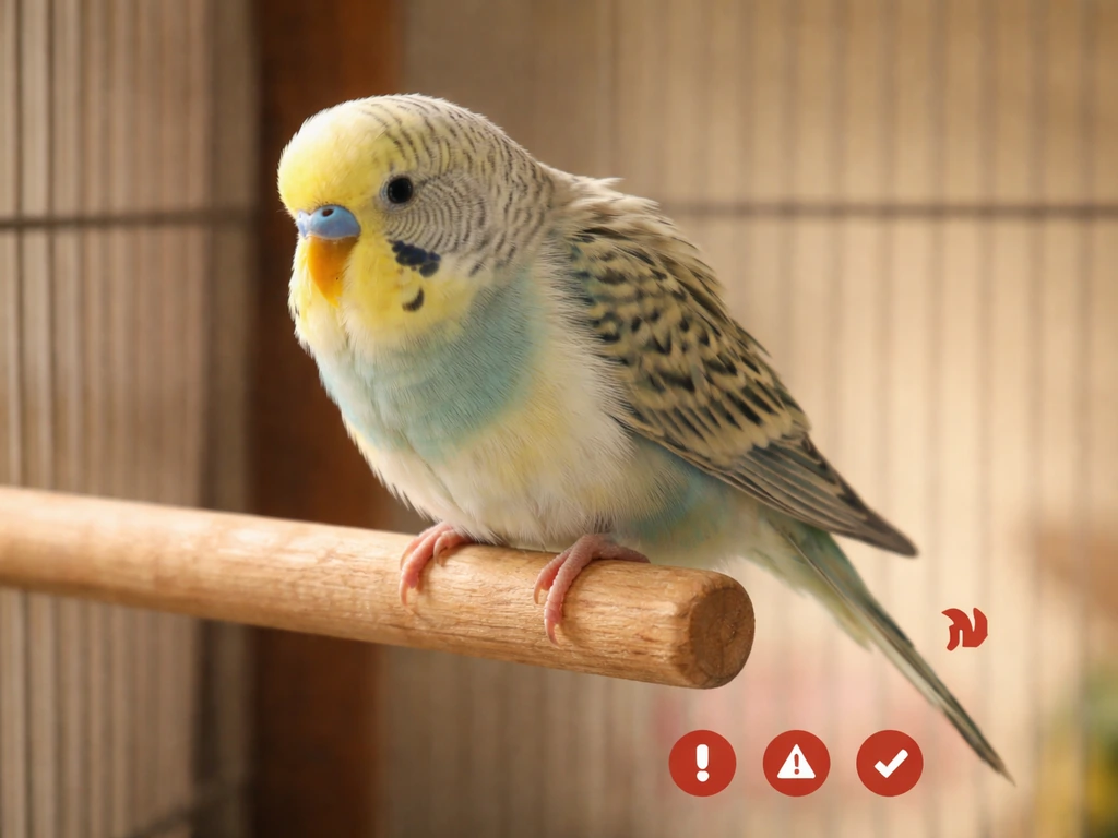 Close-up of a budgie perched in a quiet cage with visible tail bobbing and red urgent-style markers.