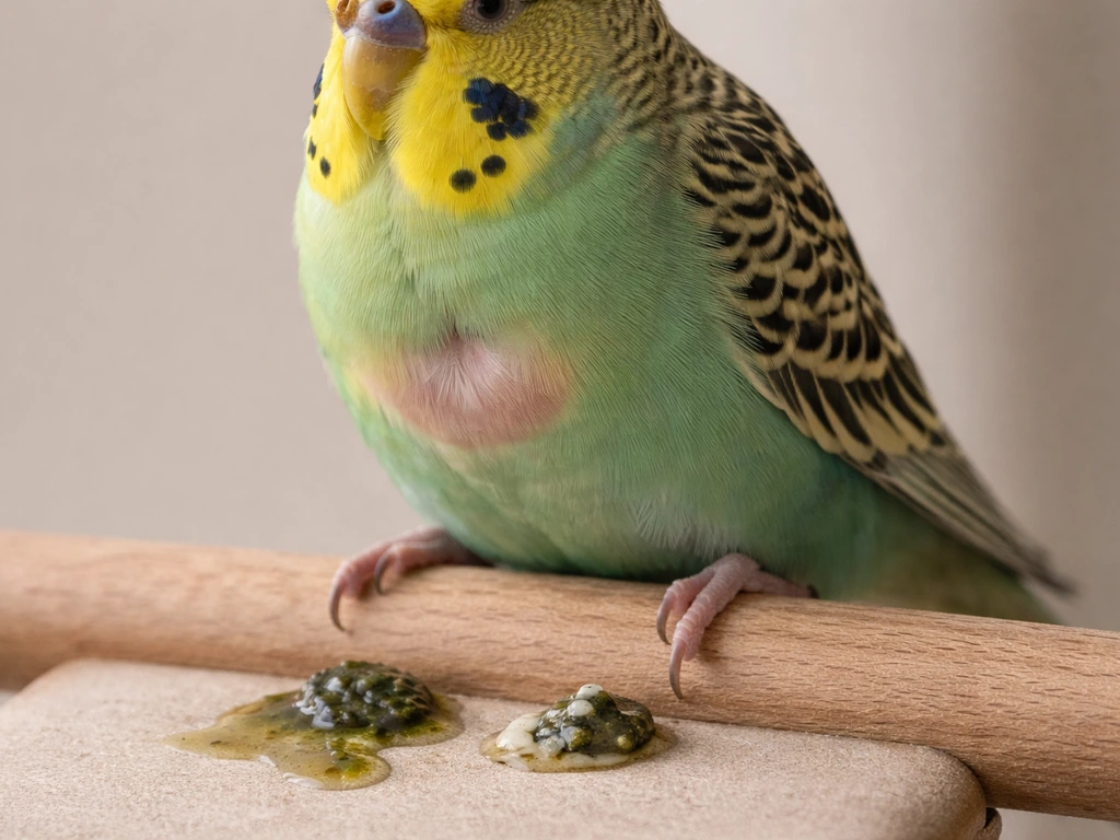 Close-up of a budgie showing its crop area with visible droppings to illustrate diarrhea vs normal.