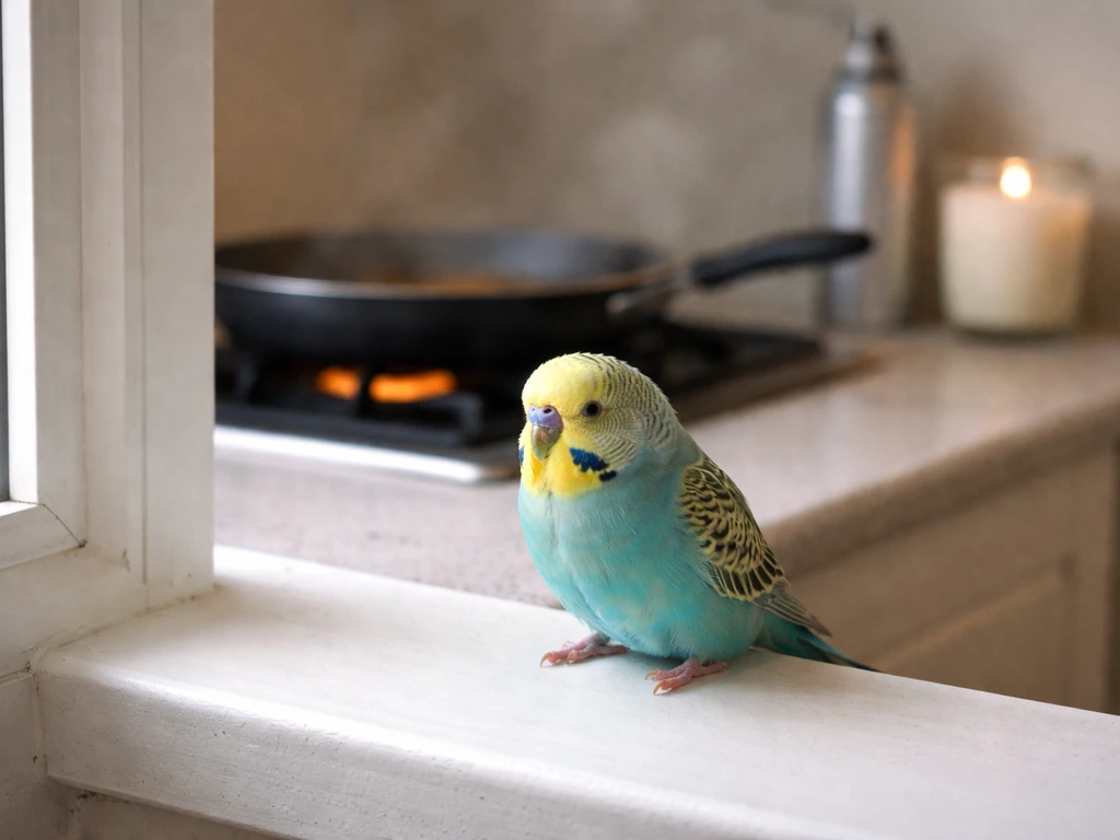 An anxious budgie by a kitchen counter with an overheating non-stick pan and household toxin items nearby.