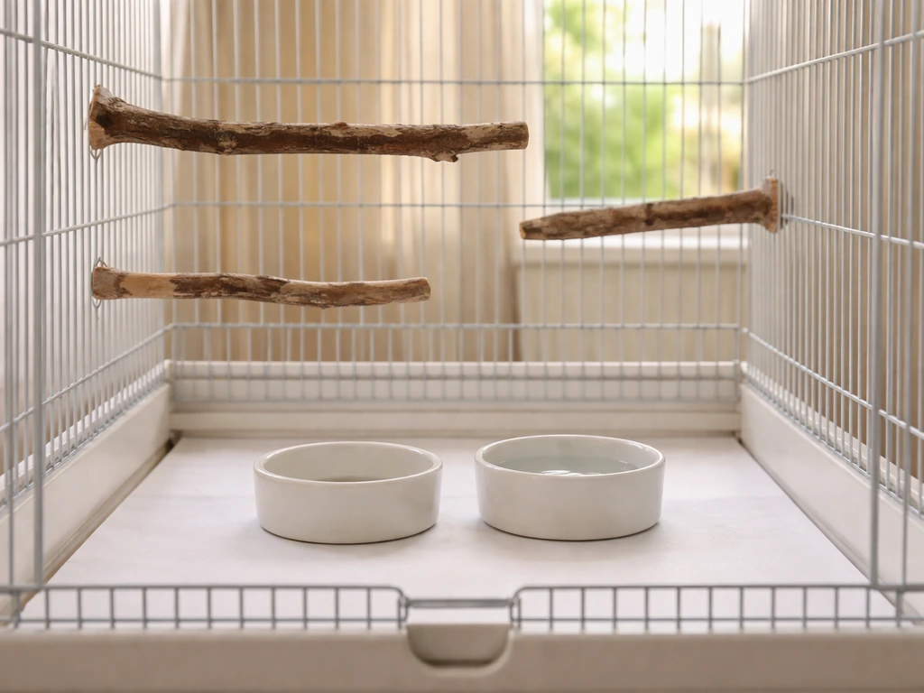 Clean budgie cage interior with fresh food and water dishes, varied perches, and a clear view for monitoring.