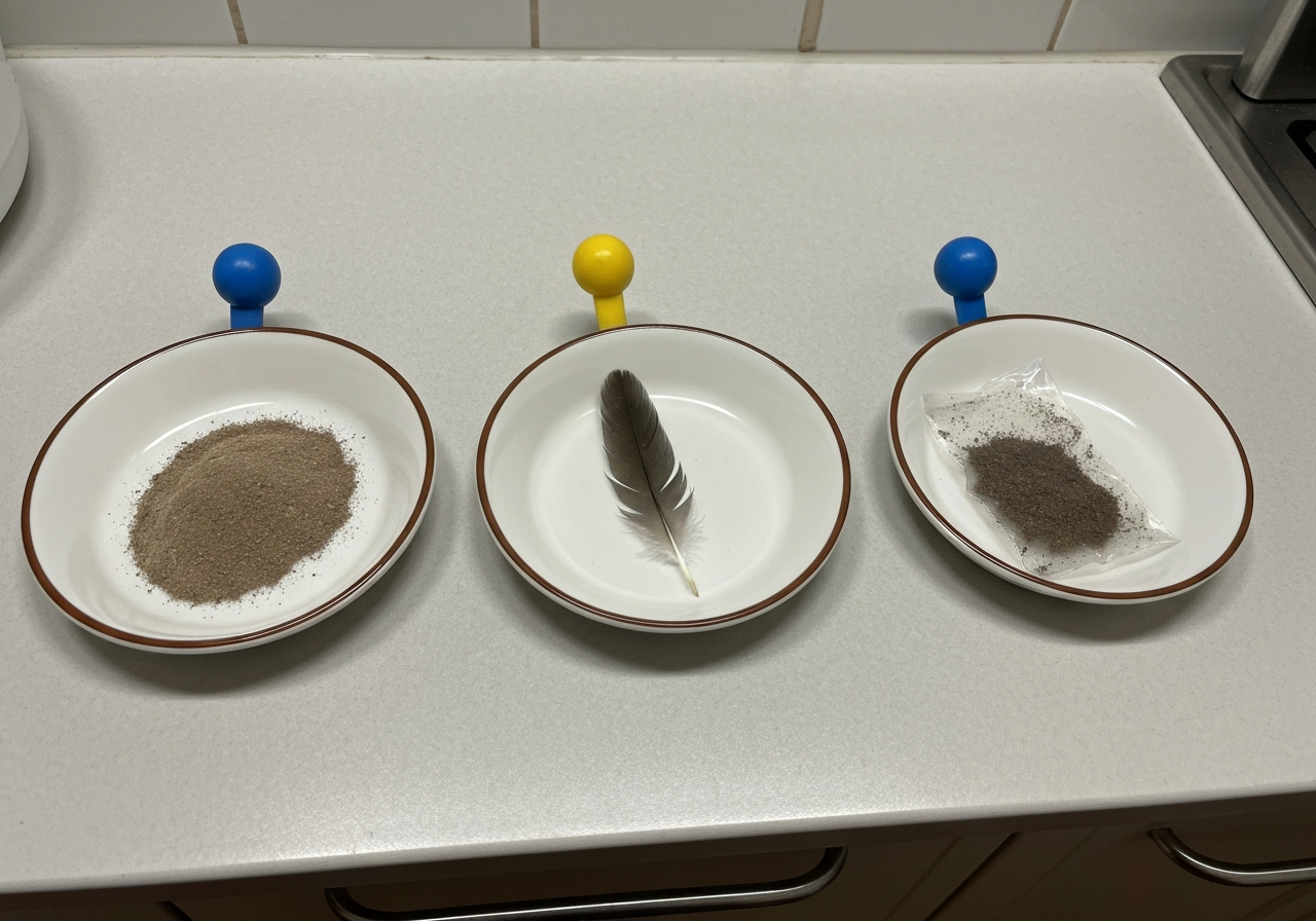 Close-up of contamination sources: feather dust, soil, and droppings residue samples