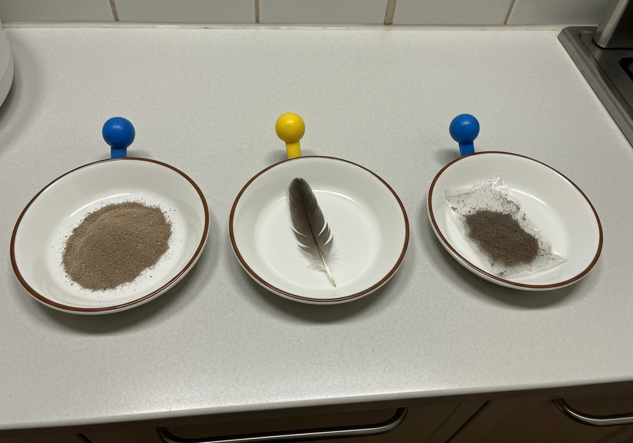 Close-up of contamination sources: feather dust, soil, and droppings residue samples