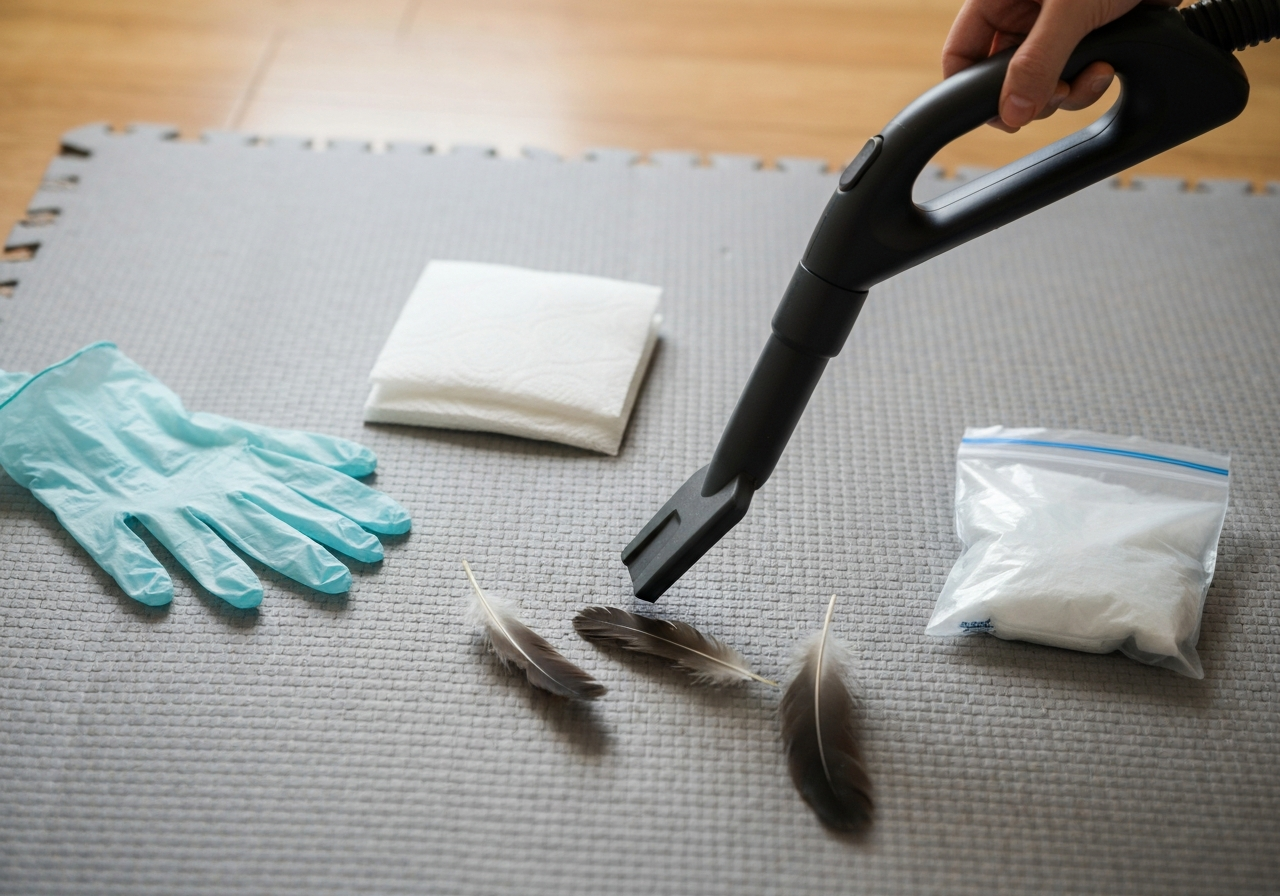 Cleanup tools ready: gloves, damp cloth, paper towels, sealable bag, and vacuum attachment