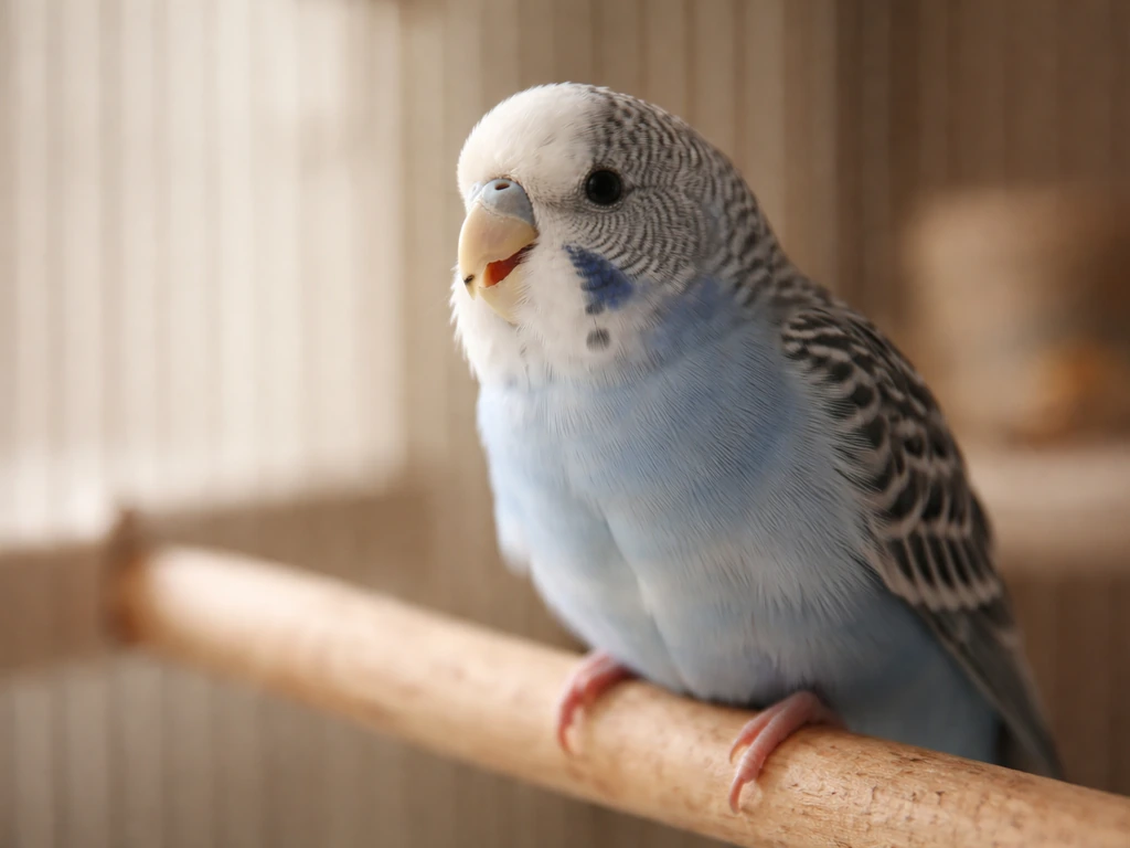 Close-up of a small pet bird in a quiet indoor setup showing subtle respiratory distress
