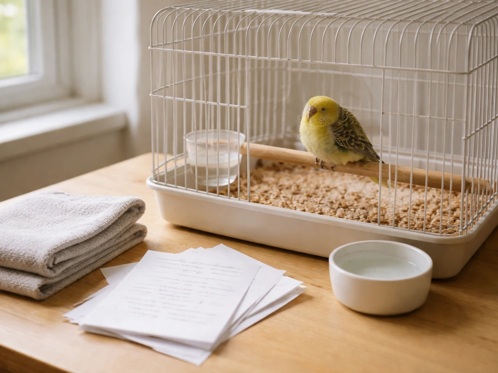 Small pet bird fluffed up and sick in a simple indoor cage setup with nearby notes and supplies.