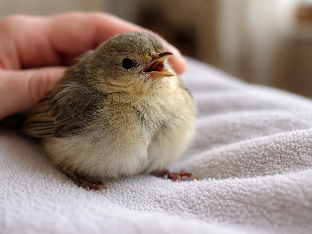 Small bird on a towel with beak slightly open and visibly heaving chest from urgent breathing.