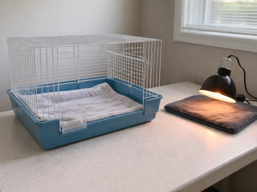 Clean isolation setup for a sick pet bird: carrier with warm heat source nearby, no other cages shown.