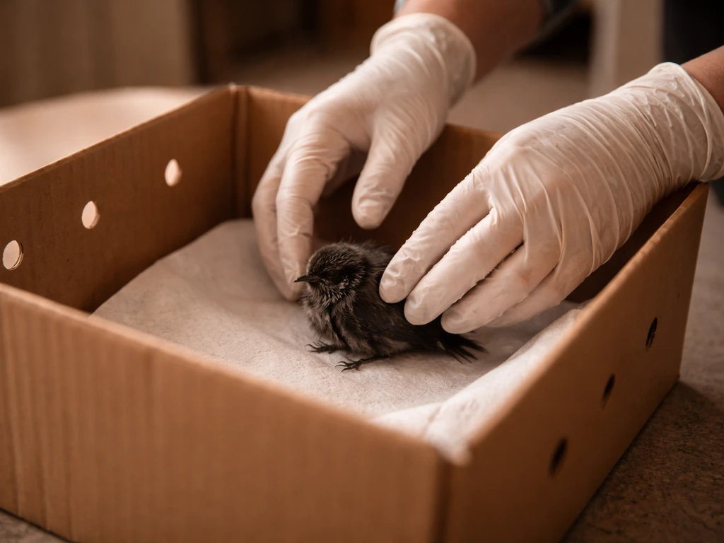 Gloved rescuer placing an injured wild bird into a ventilated cardboard box with a paper towel indoors