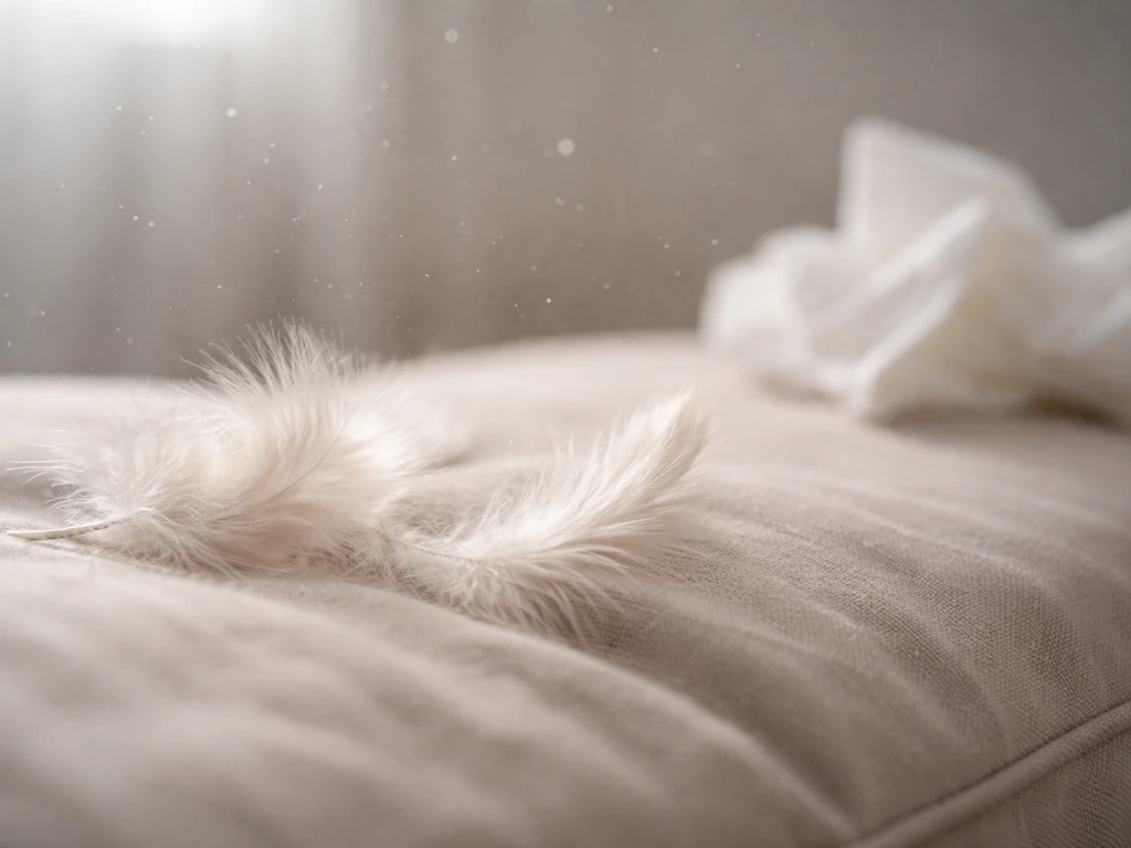 Close-up of bird feathers and airborne dander dust on soft fabric.
