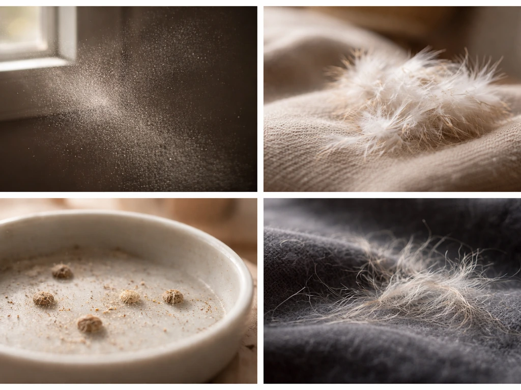Four simple closeups of indoor allergy triggers: dust, feather/down, dust-mite specks, and pet dander on fabric.