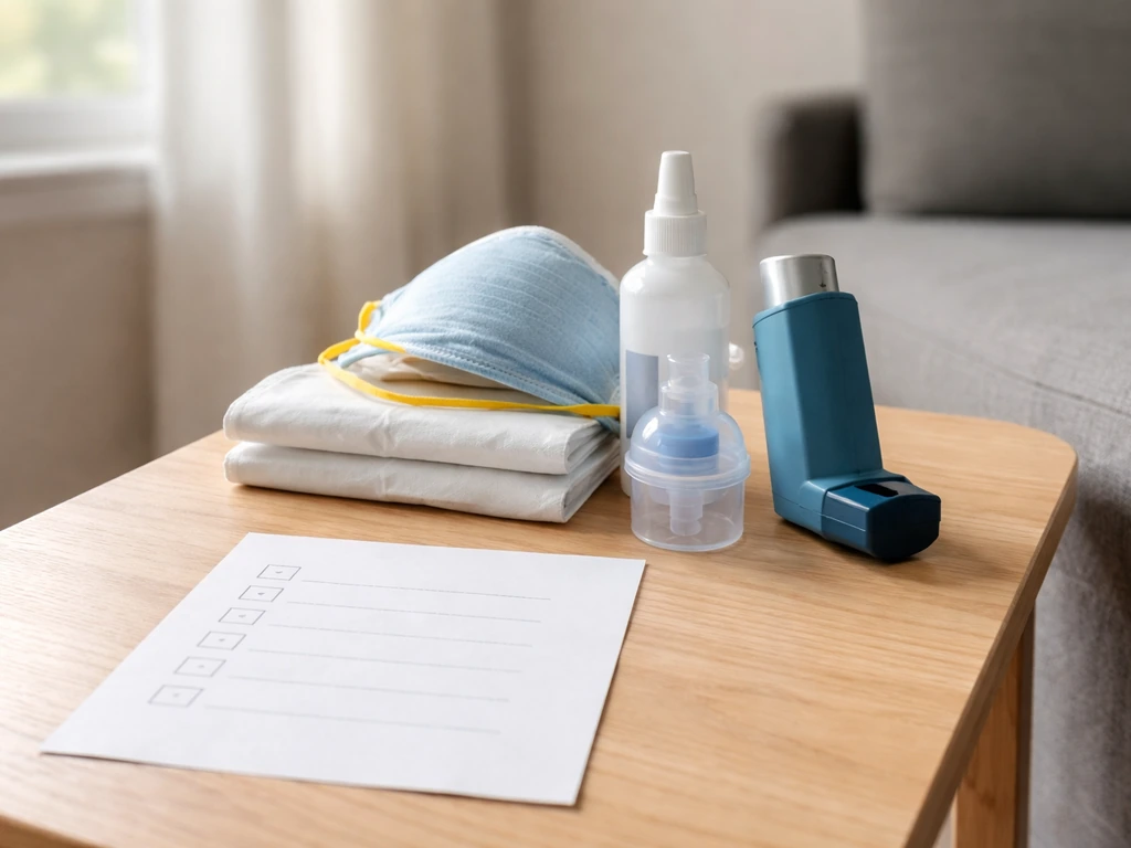 Home table with inhaler and allergy supplies next to a blank checklist sheet, suggesting reaction risk.