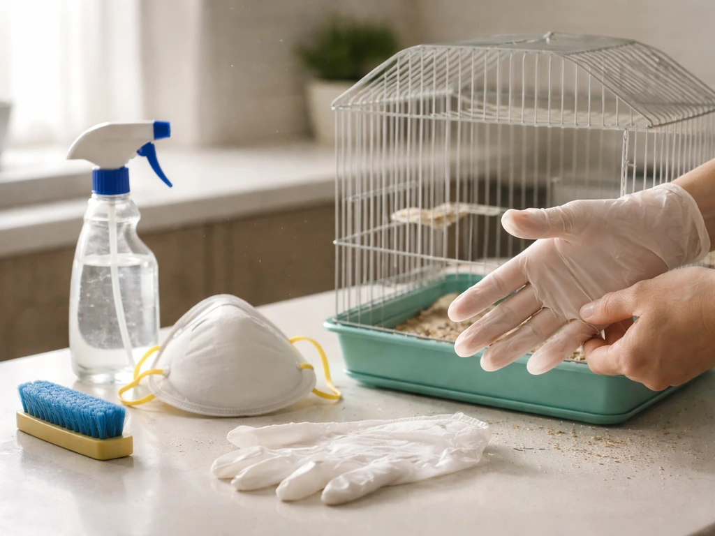 Hands cleaning a small bird cage with gloves and a dust mask ready beside supplies.