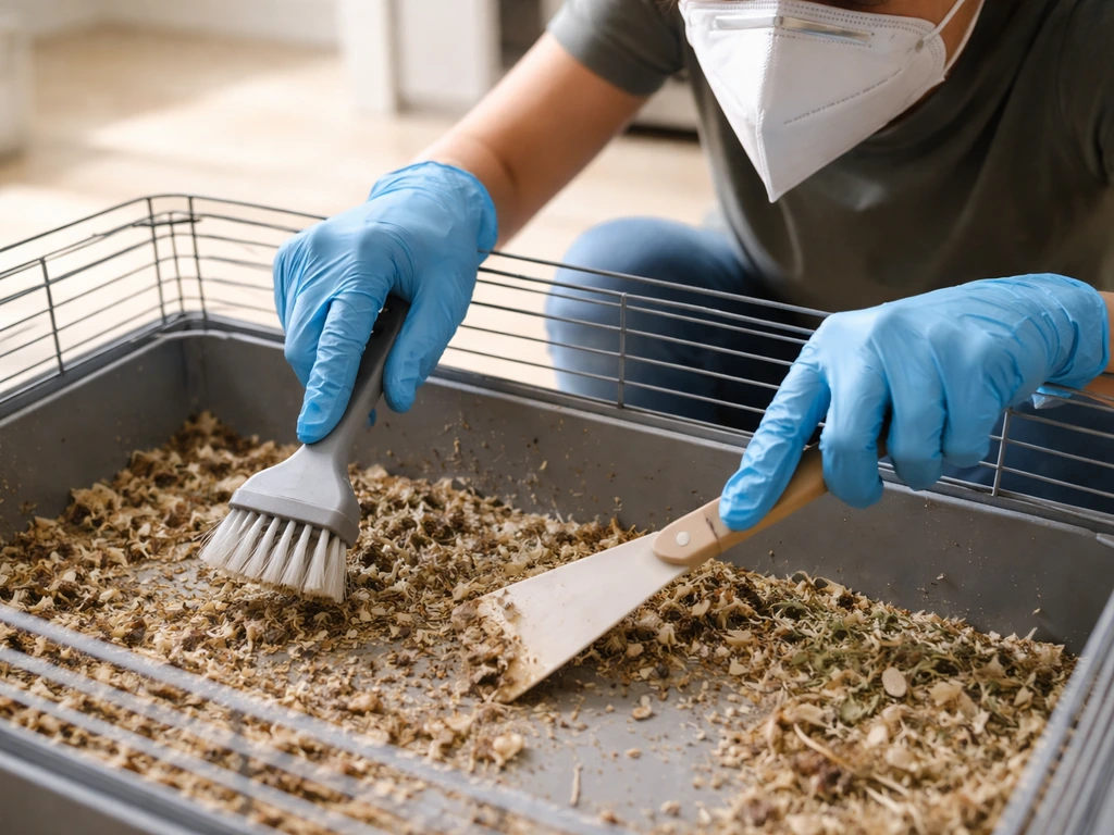 Gloved hands scrub a small pet cage while wearing an N95/FFP2 respirator, safely and neatly.