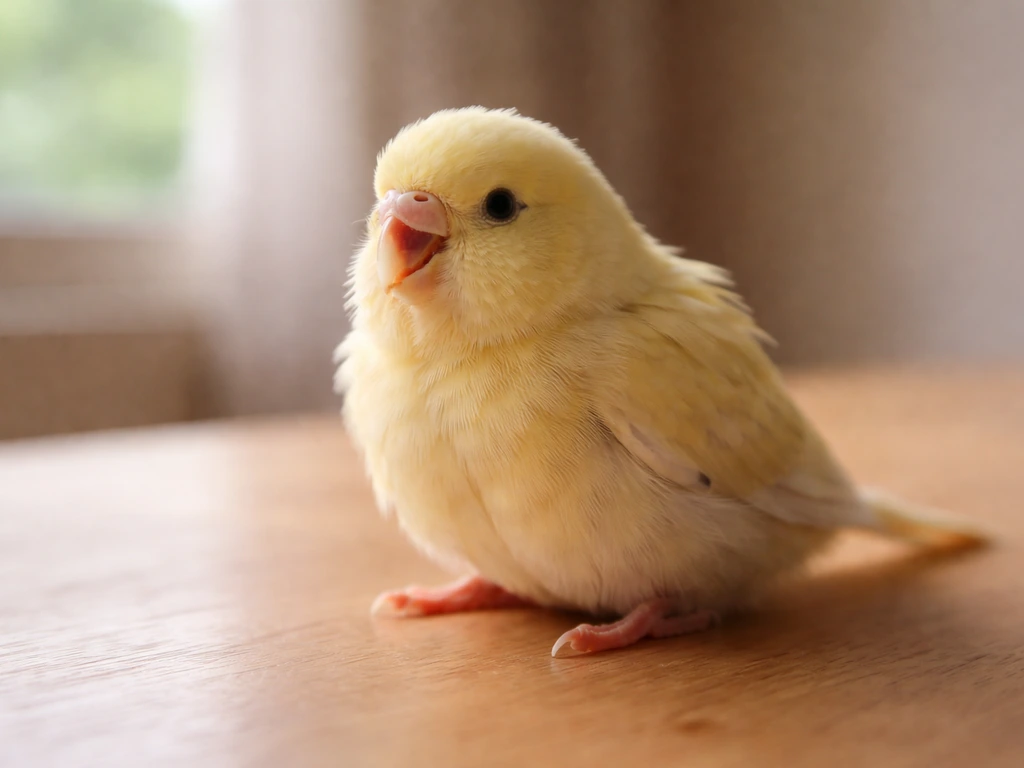 Small pet bird perched indoors with its beak slightly open, showing subtle breathing strain.