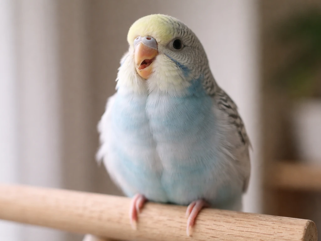 Close-up of a small bird perched with its beak slightly open and feathers subtly fluffed at rest.